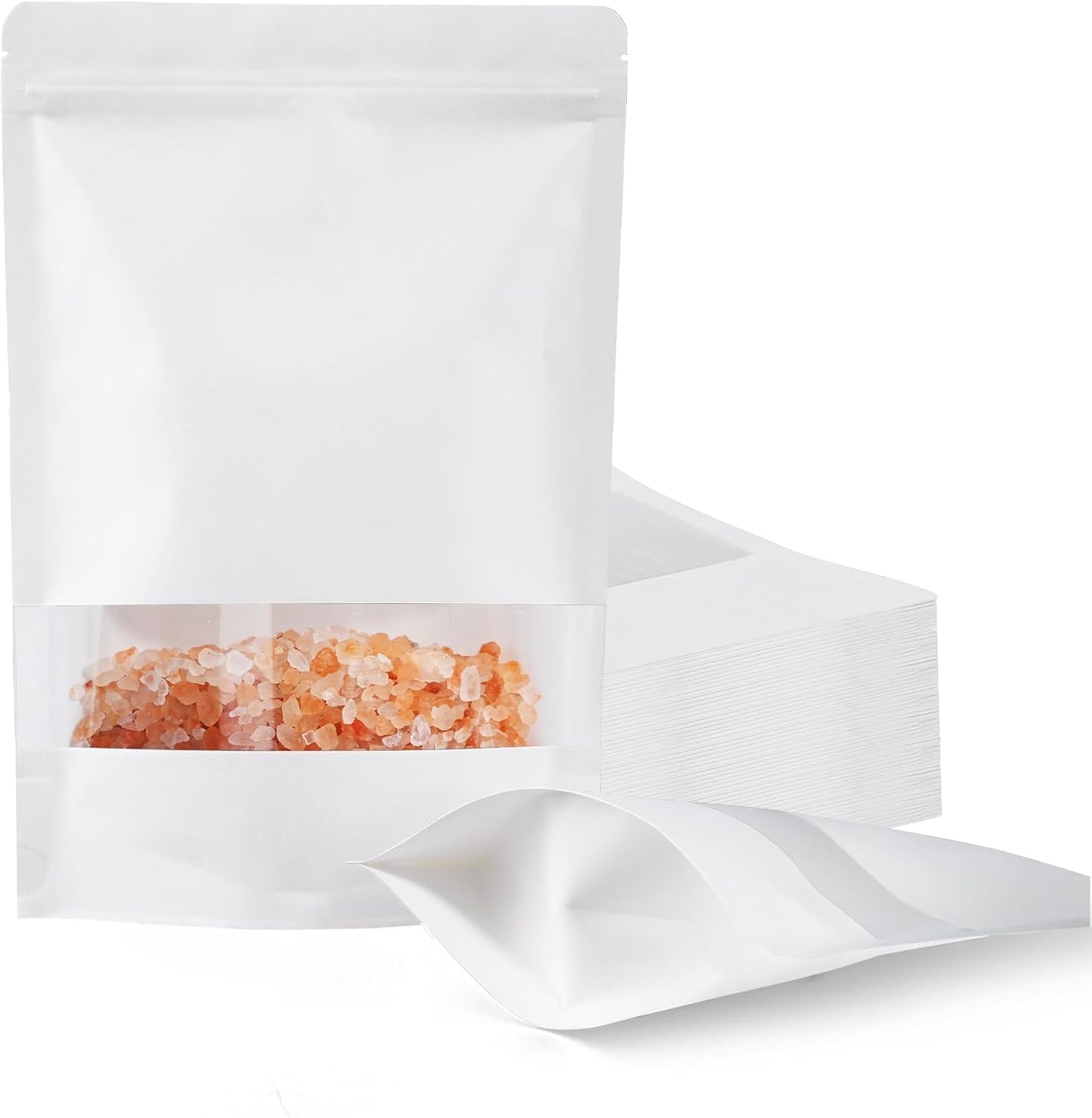 FireKylin 100 Pcs White Paper Bags with Window, 5.5" x 7.9" Stand Up Pouches, Zipper Food Storage Bags for Packaging Products, Reusable, Sealable