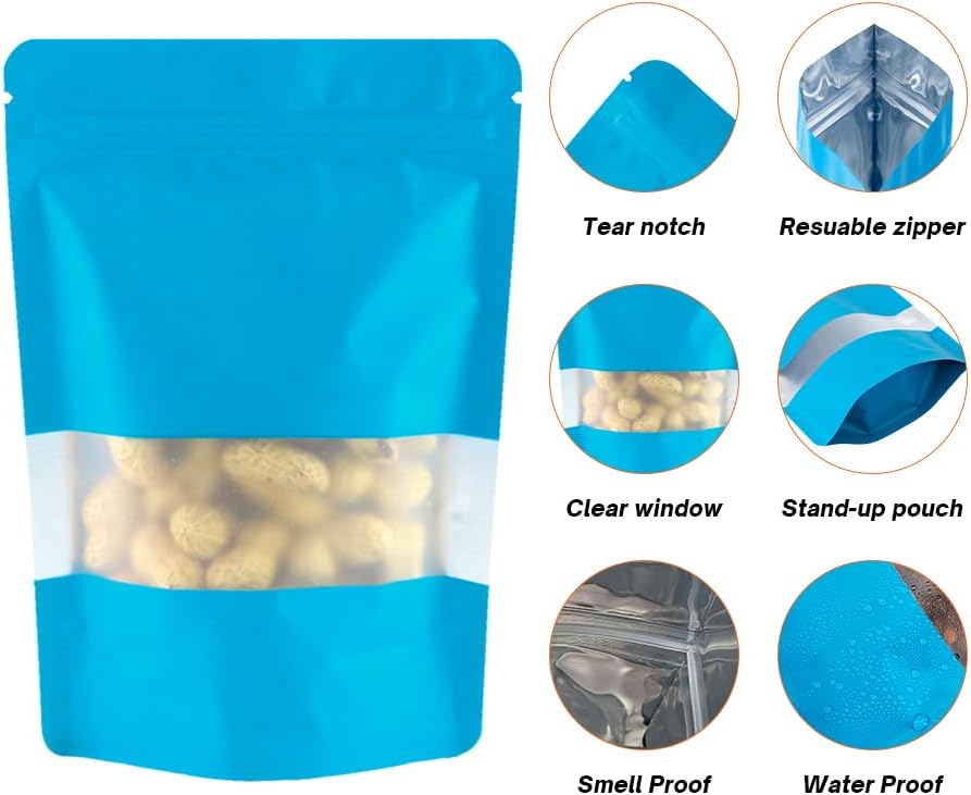 4CP 100 Pcs Blue Zipper Smell Proof Bags with Window, 6.3x9.5 Inch Stand Up Foil Pouches for Food Selfsealing Storage, Reusable Bag for Packaging Small Business, Cookies, Nunt, Candy