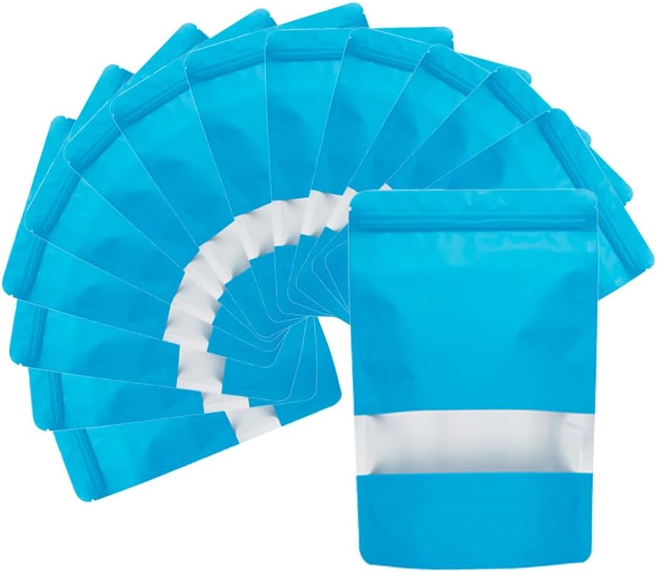 4CP 100 Pcs Blue Zipper Smell Proof Bags with Window, 5.5x7.9 Inch Stand Up Foil Pouches for Food Selfsealing Storage, Reusable Bag for Packaging Small Business, Cookies, Nunt, Candy