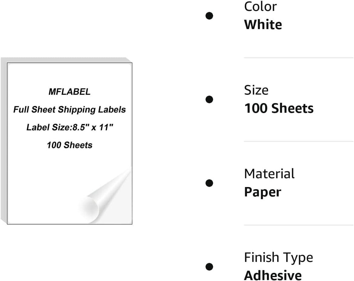 MFLABEL Full Sheet Sticker Label, Address Sticker, White Matte Label Paper, 8-1/2" x 11" Shipping Labels for Laser & Inkjet Printer (5000 Labels, 5000 Sheets)