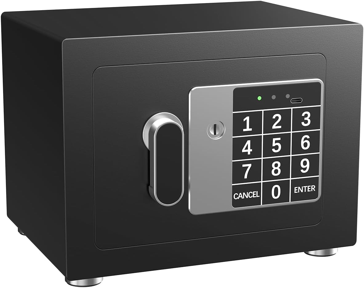 Small Home Safe, 6.7”D x 9”W x 6.7”H, Electronic Keypad Lock Security Box for Cash, Jewelry, Passport, Hidden Safe for Closet, College Dorm Room, Black