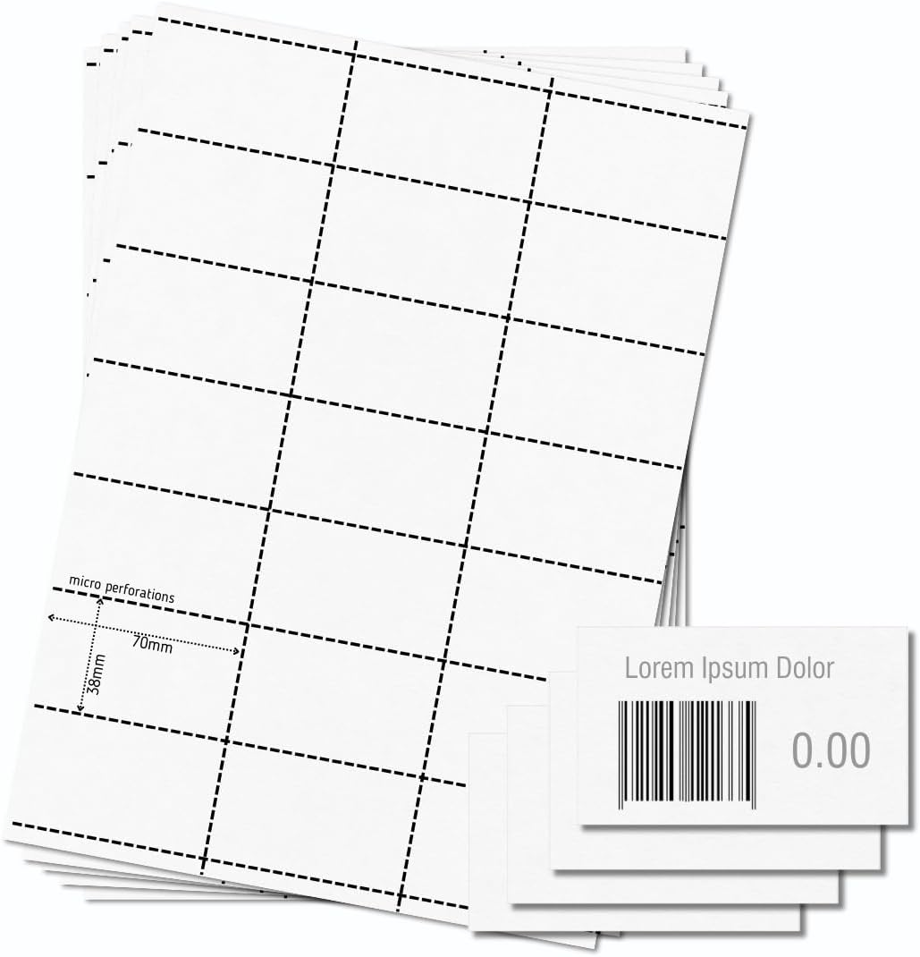 OfficeGear Shelf Edge Barcode Price Ticket Labels 21-up [25 Sheets - 525 Pack] 38x70mm Custom Printable A4 120gsm Card Micro-Perforated Non-Adhesive Merchandise Tag Includes Design Template