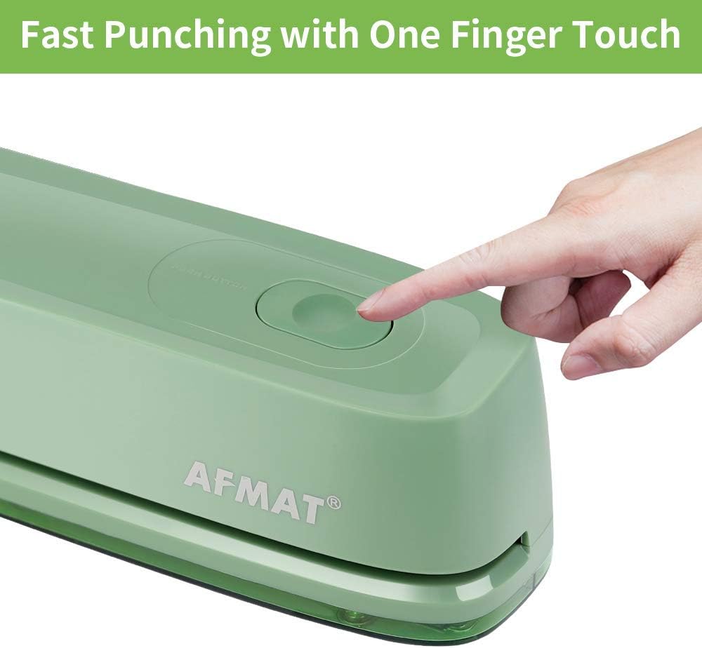 AFMAT 3 Hole Punch, Electric Three Hole Punch Heavy Duty, 20-Sheet Punch Capacity, AC or Battery Operated, Effortless Punching, Long Lasting Paper Punch for Office School Studio, Green, Model: HP10