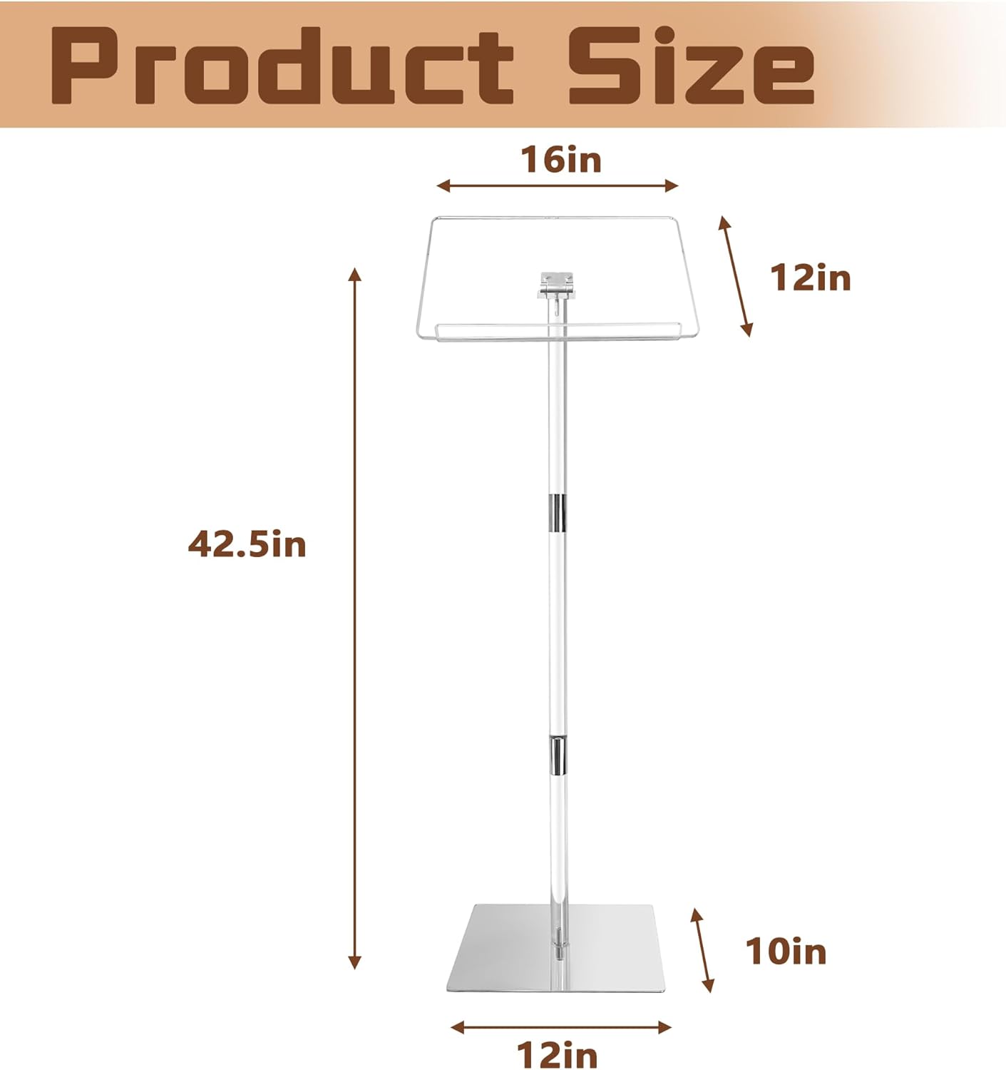 Podium Stand, Lecterns & Podiums, Acrylic Adjustable Angles with Metal Base, Podium for Church, Weddings, Classroom, Speech, 16" L x 12" W x 42.5" H (Clear)