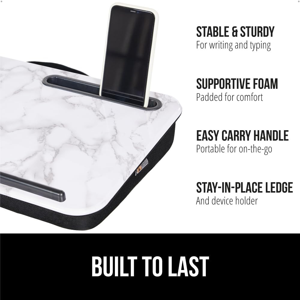 GORILLA GRIP Laptop Lap Desk with Phone Holder, Pillow Cushion Desks Fit Laptops up to 15.6", Tray Ledge Keep Computers in Place, Portable Travel Workstation Essentials for Home, Dorm, Marble Pattern