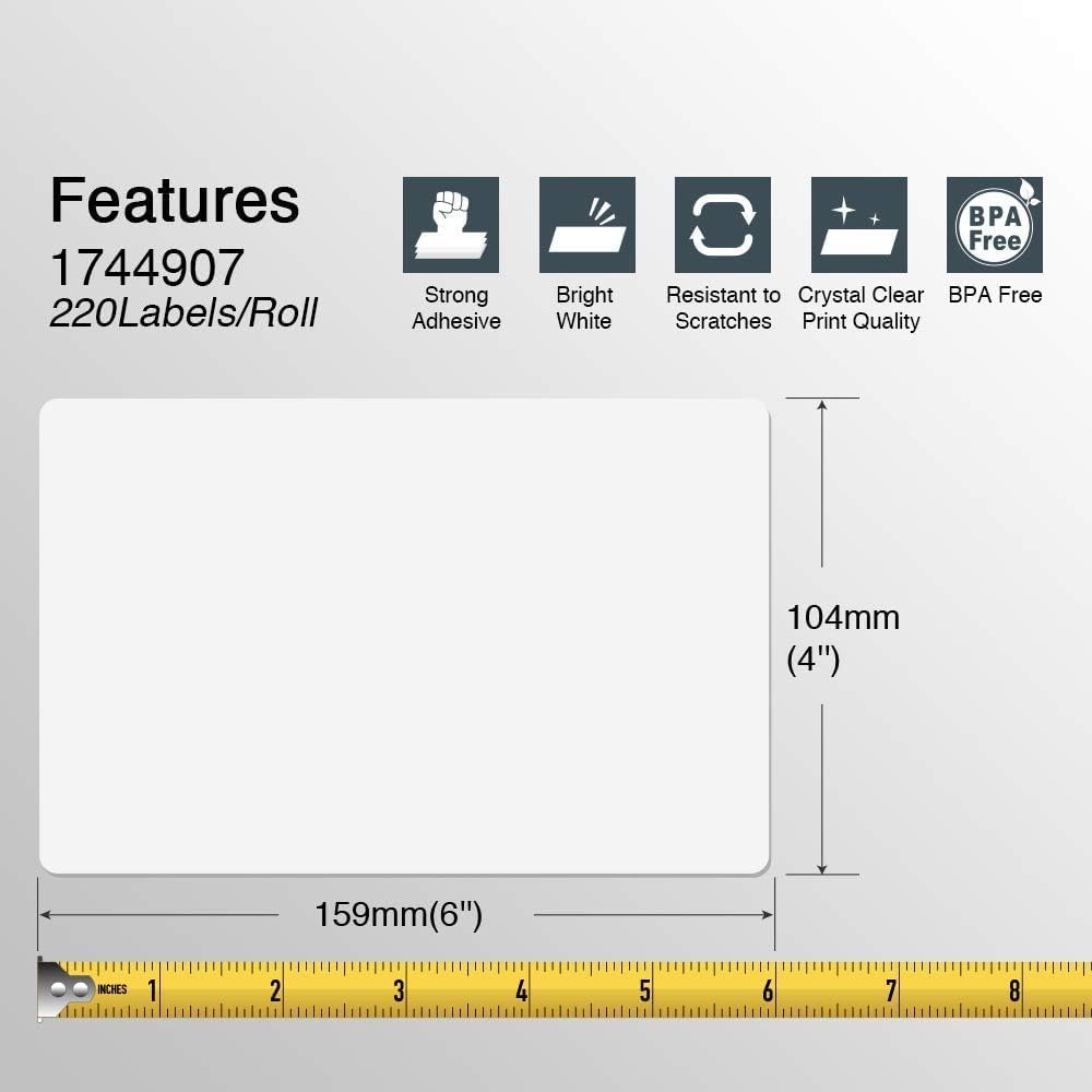 BETCKEY - Compatible DYMO 1744907 (4" x 6") Shipping Labels, Perforated, Compatible with DYMO Labelwriter 4XL Rollo & Zebra Desktop Printers, NOT Fit 5XL [2 Rolls/440 Labels]