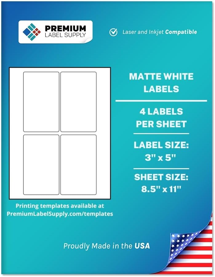 Premium Label Supply White Sticker Labels – 3" x 5" – Laser/Inkjet Compatible – (4 per Sheet), 100 Sheets – 400 Total Adhesive Labels