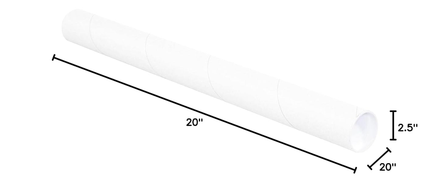 BOX USA BP2520W Mailing Tubes with Caps, 2-1/2" x 20", White (Pack of 34)