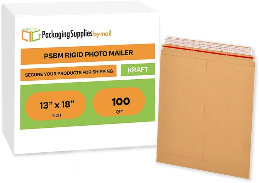 PSBM Rigid Mailers, 13x18 Inch, 100 Pack, Kraft Brown Cardboard Shipping Envelopes for Photo & Document, Self Seal