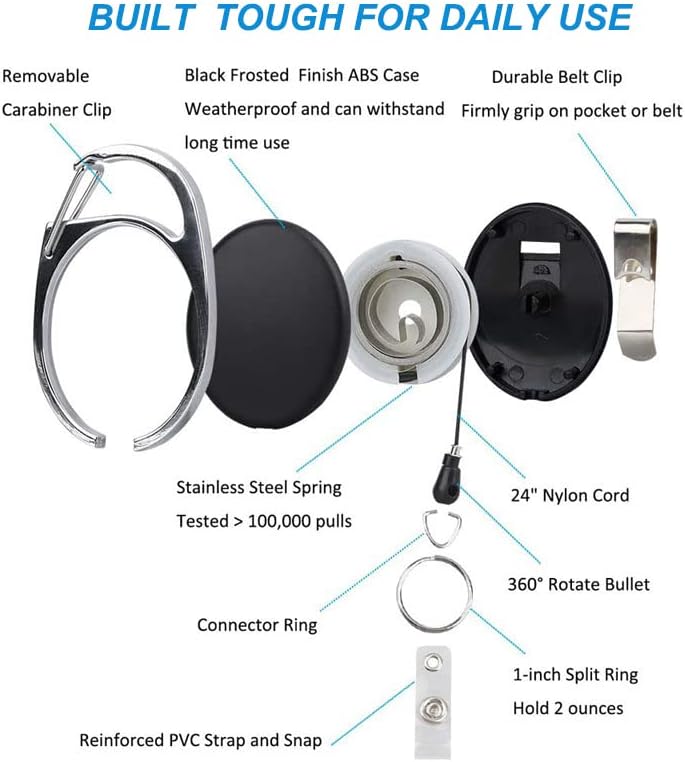 12 Packs Heave Duty Retractable Badge Reels with Carabiner Belt Clip and Key Ring, Badge Holders for ID Card Holders with 26.5 Inch Pull Cord (Black)