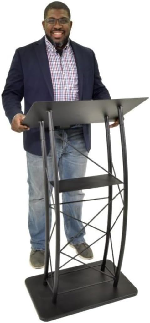 Kingdom KMLSTL Large Curved Metal Lectern, Podium or Pulpit with Durable Powder Coat Finish and a Built-in Shelf - Black