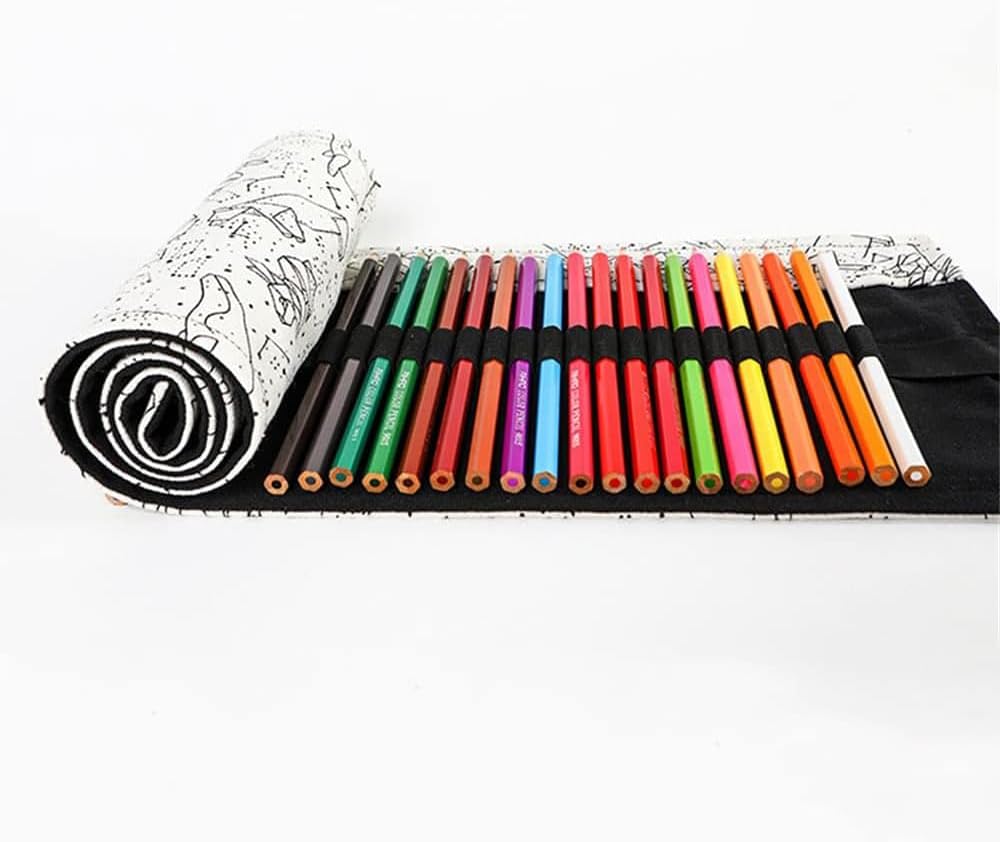 DIYOMR 12/24/36/72 Slots Pencil Wrap Pencil Rolls, Artist Colored Pencil Roll Up Bag Short Brush Pouch Organizer for Drawing Coloring and Sketching, No Pencils (White Starry Sky, 12slots)