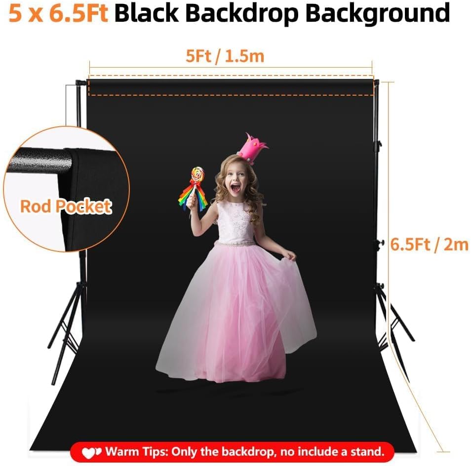 Black Backdrop for Photoshoot, 5x6.5ft Black Photo Backdrop Background, 1.5x2m Collapsible Black Fabric Backdrop Curtain, Portrait Black Back Drop Cloth, Content Creator Backdrops for Video Recording