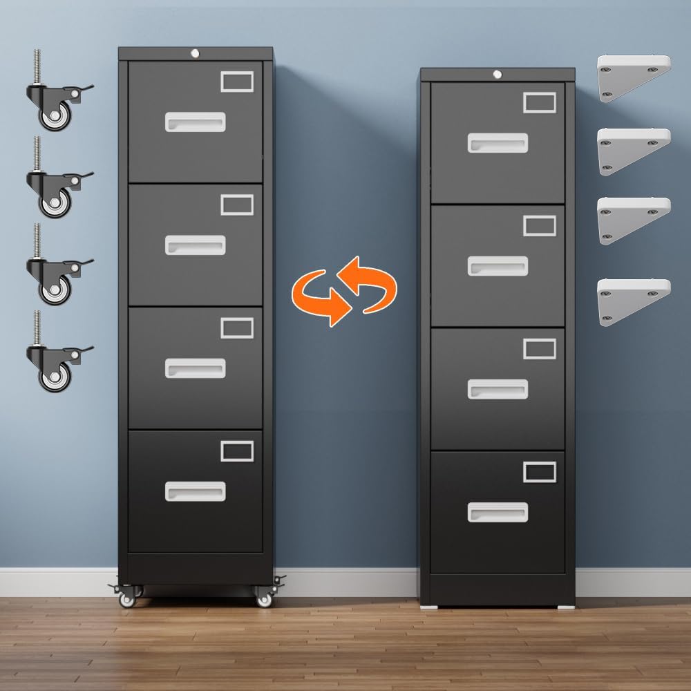 Aobabo 56" H 4 Drawer Moblie File Cabinet with Lock, Metal File Cabinet for Home Office with Wheels, Storage Legal/Letter A4 Size, Black, Assembly Required