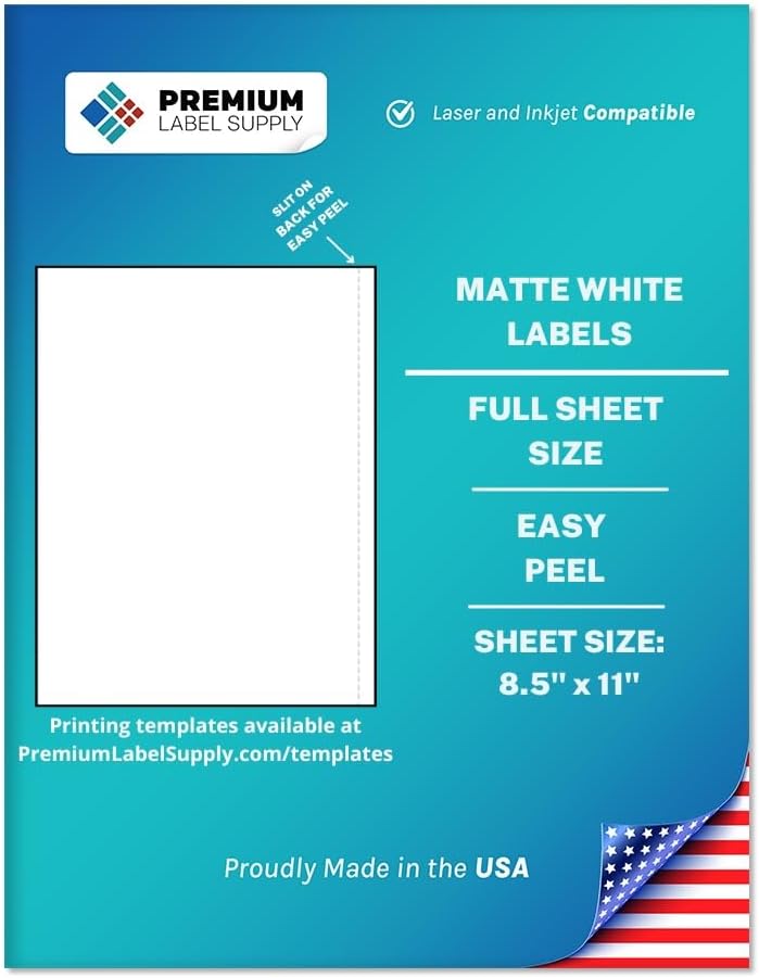 Premium Label Supply White Sticker Full Sheet Shipping Labels – 8.5" x 11" – Laser/Inkjet Compatible – (1 per Sheet), 1000 Sheets - Letter Size
