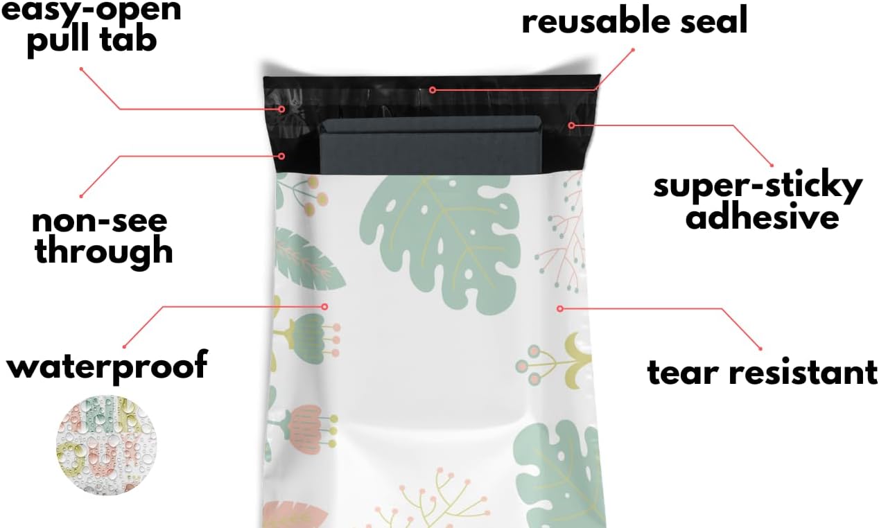 Poly Mailers 10x13 100 Pack | Self-Sealing Shipping Bags Envelopes for Small Business | Waterproof Durable Packaging | Thank You | Sloth Floral Pink Animal | à la mode Mailers