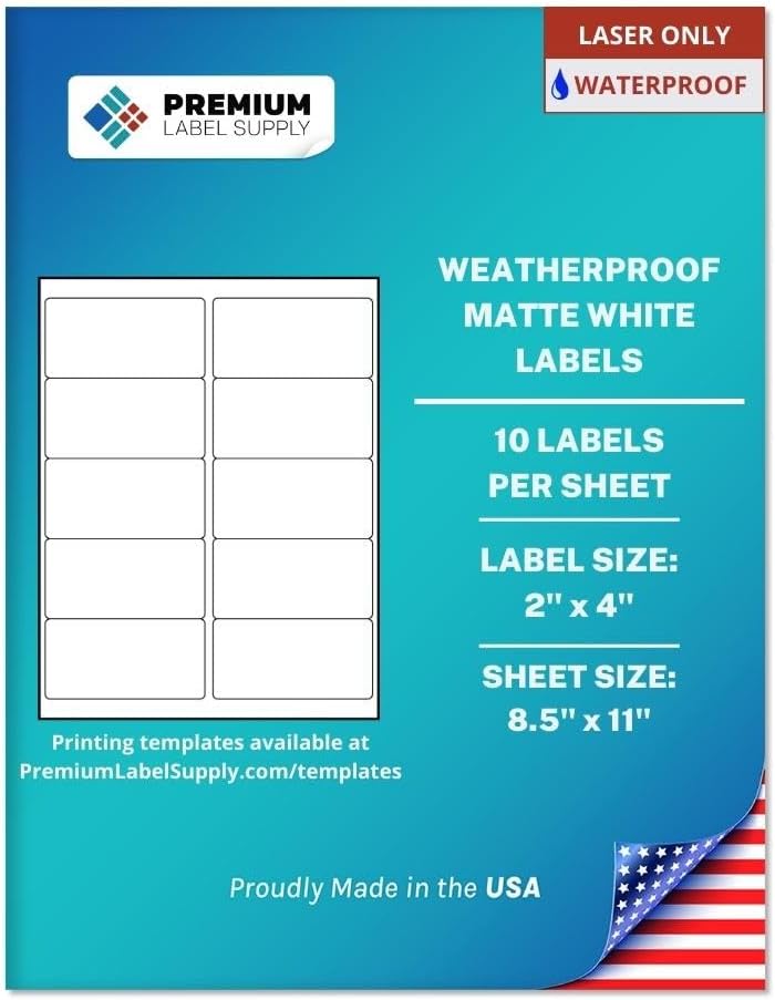Premium Label Supply Waterproof White Address Sticker Labels – 2" x 4" – Laser Printers Only – (10 per Sheet), 500 Sheets - 5,000 Total Adhesive Labels
