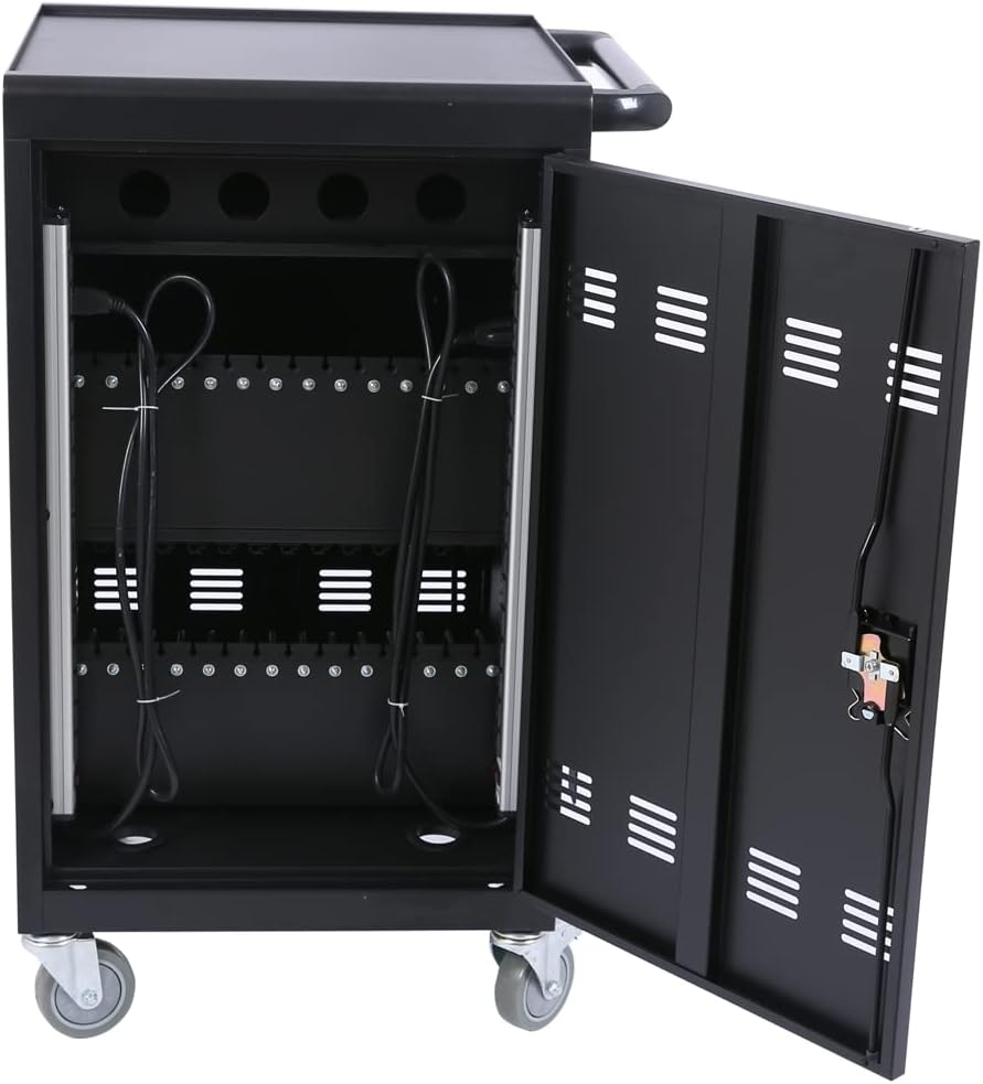 36-Device Mobile Charging Cart with Charging Power Strip and Front and Rear Access Locks, Cable Management, Up to 17"", Safe Charging Cabinet for Ipads, Chromebooks, Tablets, Laptops Black