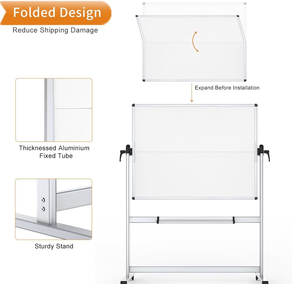 VIZ-PRO Double-Sided Mobile Whiteboard, 48 x 36 Inches, Magnetic Rolling Dry Erase White Board on Wheels with Aluminium Frame and Stand