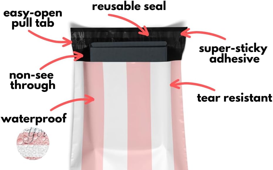 Poly Mailers 10x13 100 Pack | Self-Sealing Shipping Bags Envelopes for Small Business | Waterproof Durable Packaging | Thank You | Pink Stripes | à la mode Mailers