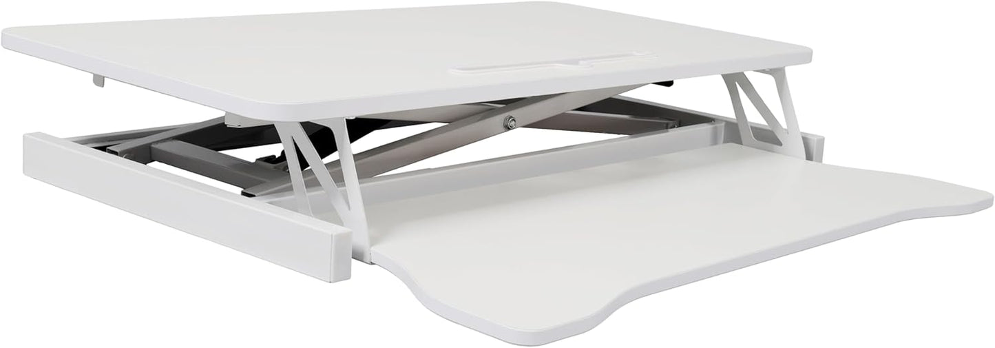 32 Inch Height Adjustable Stand Up Laptop Desk Converter, Heavy Duty Standing Computer Workstation Riser with Removable Keyboard Tray for Home Office Workshop, Spacious Platform for Monitor, White