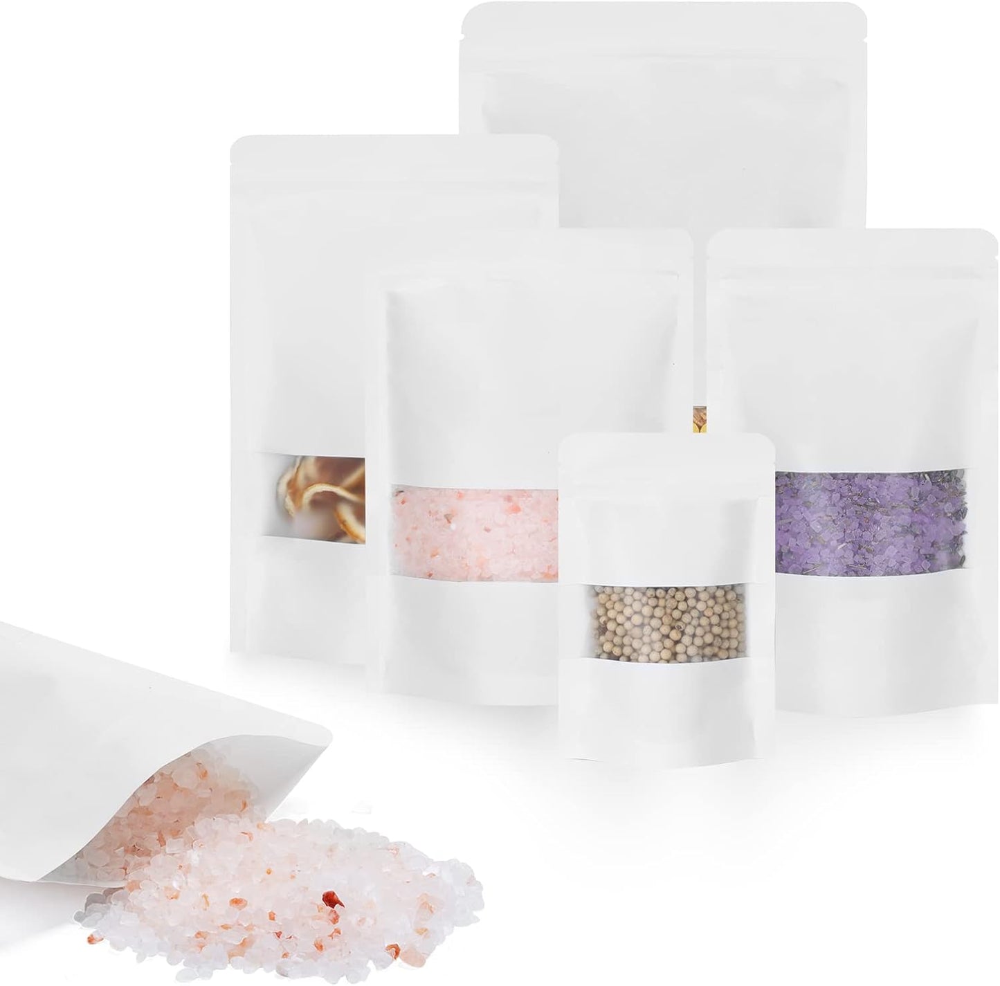 100pcs Kraft Bags with Window 7.1x10 Inches White Reusable Sealable Ziplock Food Storage Stand up Paper Pouches for Home or Business