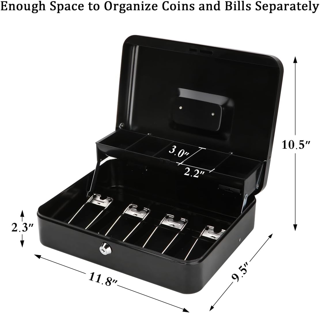 Jssmst Large Cash Box with Money Tray and Lock - Locking Safe Money Box for Small Business, 11.8L x 9.5W x 3.5H Inches, Black, SM-CB0501L
