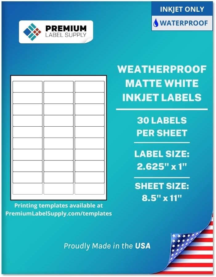 Premium Label Supply Waterproof White Address Sticker Labels – 2.625" x 1" – Inkjet Printers Only – (30 per Sheet), 100 Sheets - 3,000 Total Adhesive Labels