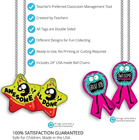 Brag Tags Fun Critters & Monsters Increase Student Attendance Incentives Value Pack: 100 Multicolor, Waterproof Teslin Tags (10 Per Design) + 25 Hypoallergenic, USA-Made, 24" Aluminum Safety Chains