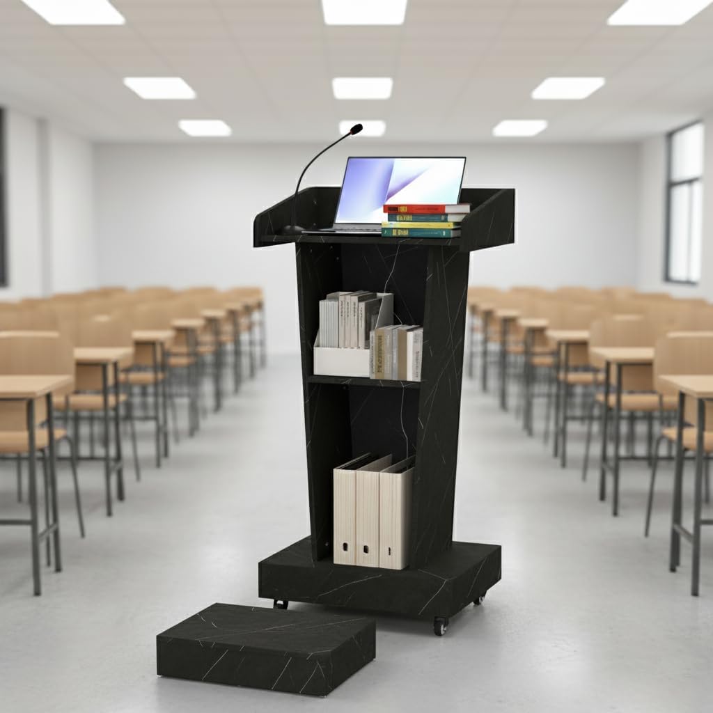Wooden Podium Stand with Wheels, Stool and 2 Tier Storage, Lectern Presentation for Church, Classroom, Event, Stronge 16MM Wood Board Rolling Podium (Grey)