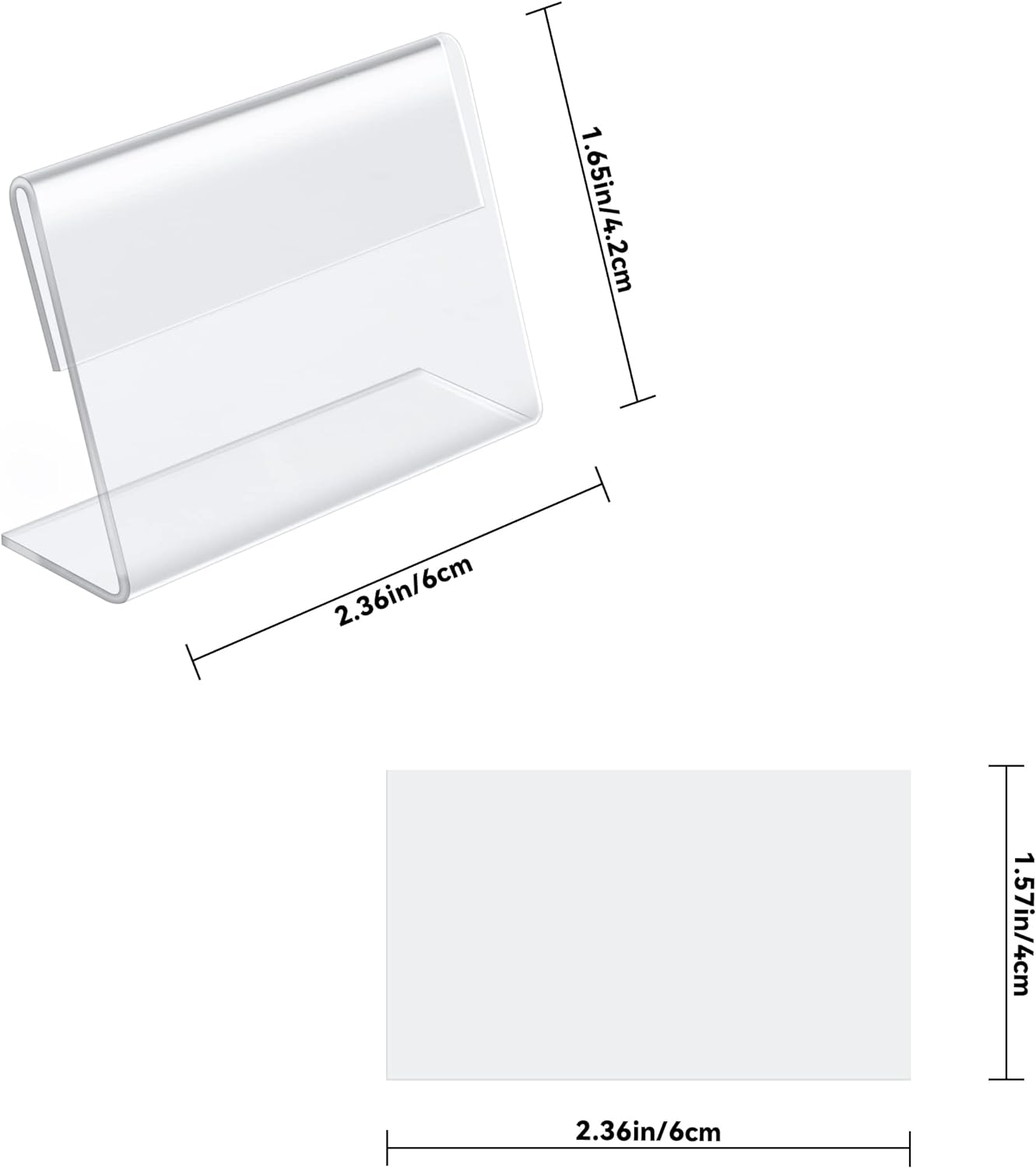 BILLIOTEAM 50pack Mini Clear Sign Display Holder with Blank Labels,2.36*1.57 Inch Horizontal Slanted L-Shape Plastic Name Card Price Card Tag Label Counter Top Stand