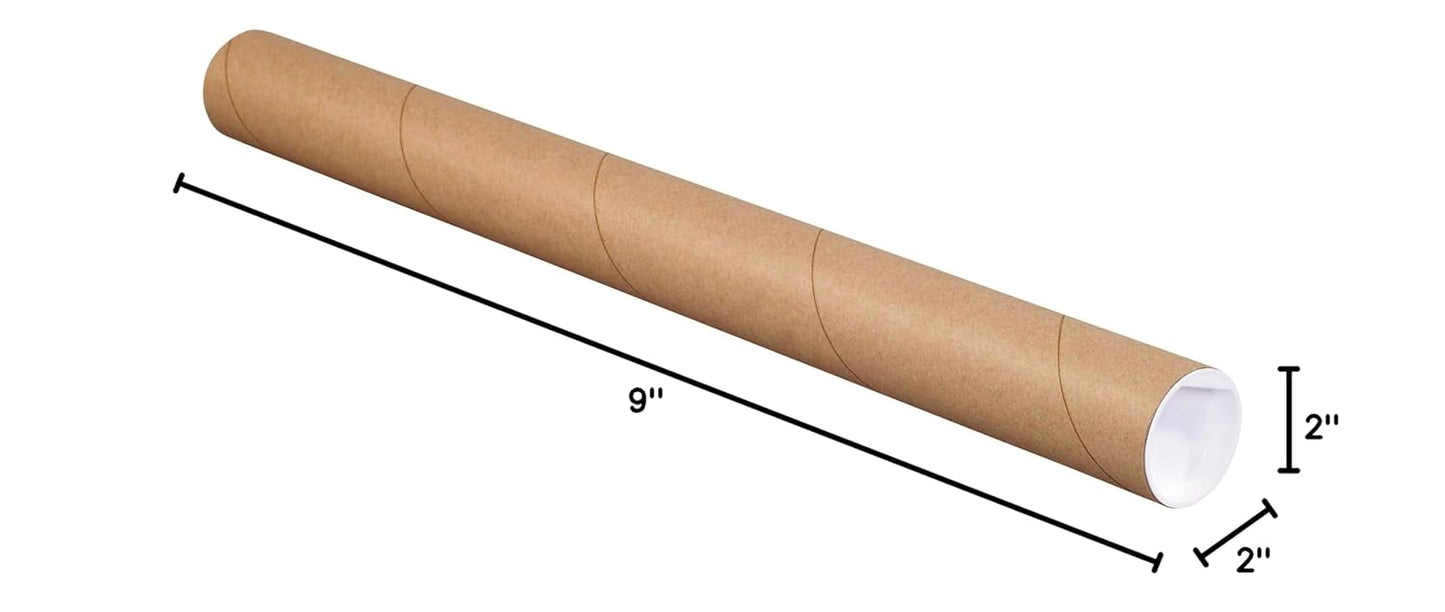 BOX USA BP2009K Mailing Tubes with Caps, 2" x 9", Kraft (Pack of 50)