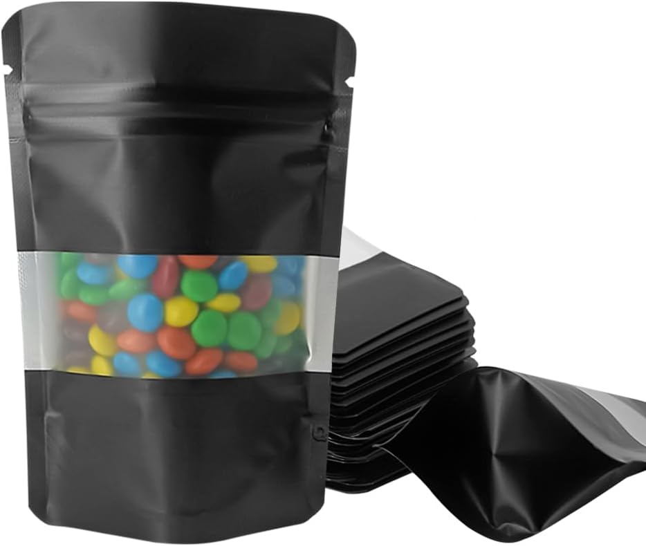 4CP 100 Pcs Black Zipper Smell Proof Bags with Window, 7.0x10.5 Inch Stand Up Foil Pouches for Food Selfsealing Storage, Reusable Bag for Packaging Small Business, Cookies, Nunt, Candy