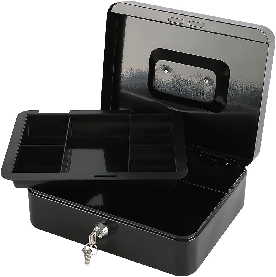 xydled Locking Steel Medium Cash Box with Removable Coin Tray and Key Lock,7.87"x 6.30"x 3.54",Black