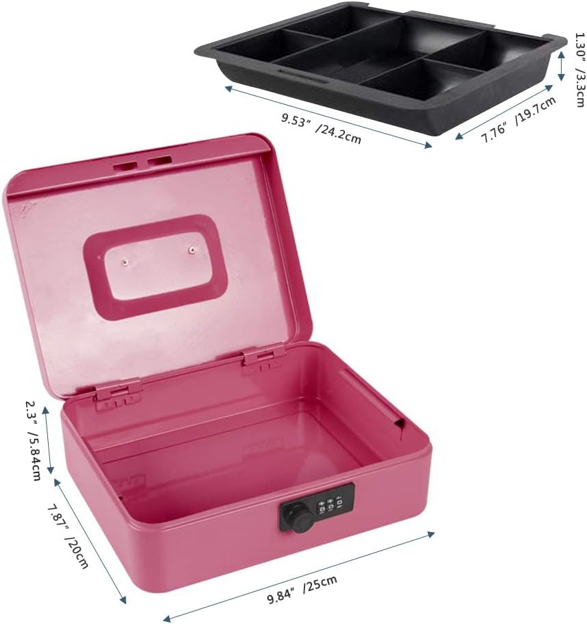 Kyodoled Large Cash Box with Combination Lock,Safe Metal Money Box with Money Tray for Security Lock Box 9.84"x 7.87"x 3.54" Pink Large