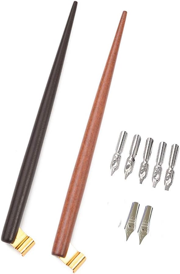 Professional Manga Gothic Pen Dip Pen Calligraphy Drawing Pen Kit, 2 Pen Holders Handles, 7 Nibs (2 Fountain Pen Nib, 5 Flat Nib) - Brown Wood and Redwood