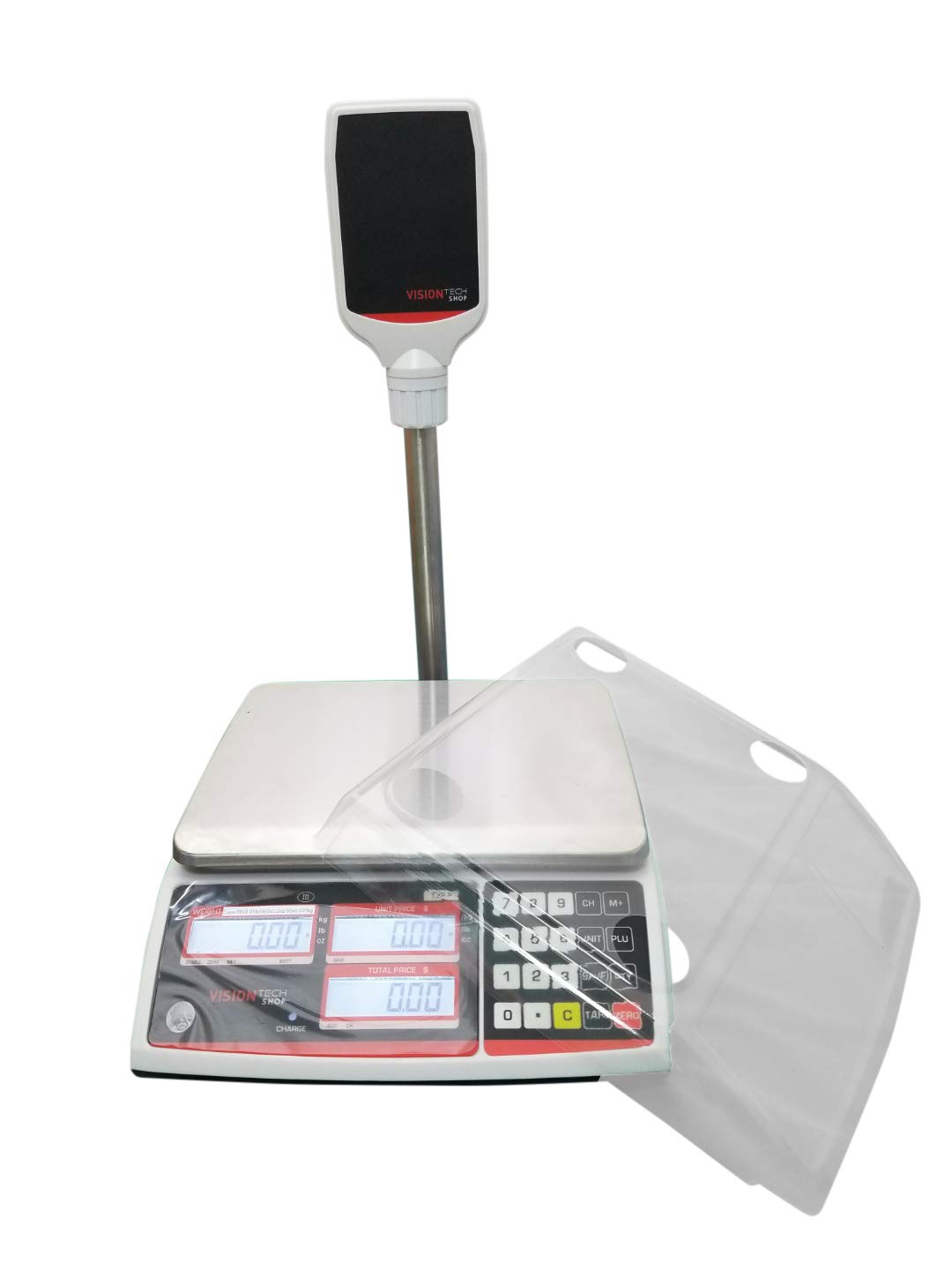 VisionTechShop TVP-60P Price Computing Scale with Pole Display, Lb/Oz/Kg, 60lb Capacity, 0.01lb Readability, NTEP, NSF Certified, LP-50 Thermal Label Printer, 1 Case of Labels LST8060