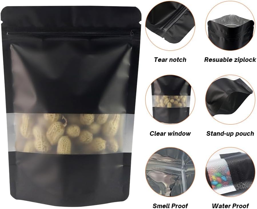 4CP 100 Pcs 4x6 Inch Zipper Smell Proof Bags with Window, Black Stand Up Foil Pouches for Food Selfsealing Storage, Reusable Bag for Packaging Small Business, Cookies, Nunt, Candy