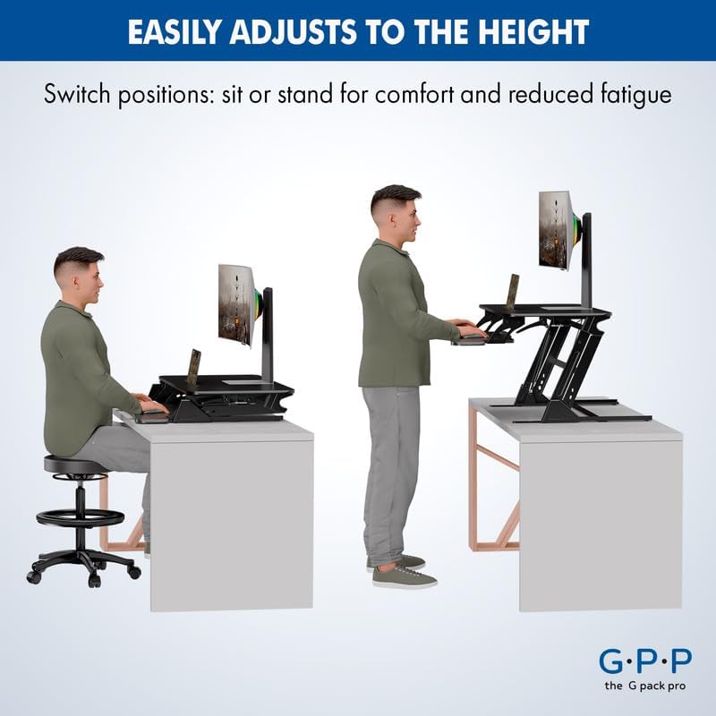 Standing Desk Converter – 42" Wide Stand Up Desk Riser – Quick Sit to Stand Tabletop Dual Monitor Workstation – Height Adjustable Up to 17.3" – Black