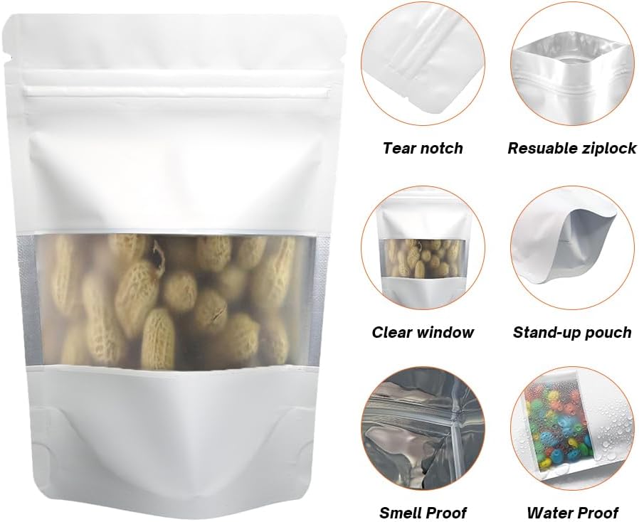 4CP 100 Pcs White Zipper Smell Proof Bags with Window, 7.0x10.5 Inch Stand Up Foil Pouches for Food Selfsealing Storage, Reusable Bag for Packaging Small Business, Cookies, Nunt, Candy