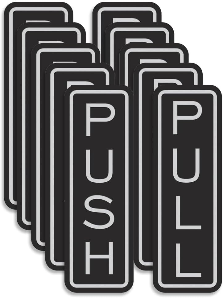 All Quality Classic Vertical Push Pull Door Signs - Great for Glass Doors | Professional Looking Signs | Easy Installation Includes Double-Sided Foam Adhesive Tape (Black/Silver) - Large (5 Pack)