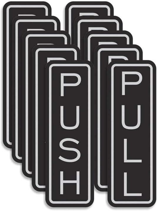 All Quality Classic Vertical Push Pull Door Signs - Great for Glass Doors | Professional Looking Signs | Easy Installation Includes Double-Sided Foam Adhesive Tape (Black/Silver) - Large (5 Pack)