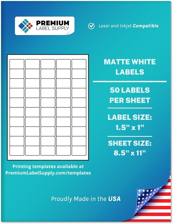 Premium Label Supply White Sticker Barcode Labels – 1.5" x 1" – Laser/Inkjet Compatible – (50 per Sheet), 2000 Sheets – 100,000 Total Adhesive Labels
