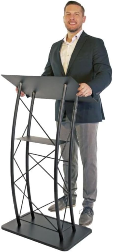 Kingdom KMLSTL Large Curved Metal Lectern, Podium or Pulpit with Durable Powder Coat Finish and a Built-in Shelf - Black