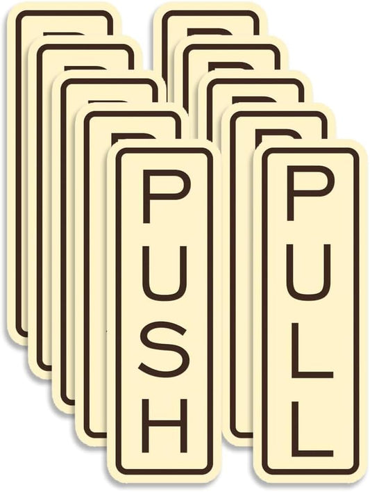 All Quality Classic Vertical Push Pull Door Signs - Great for Glass Doors | Professional Looking Signs | Easy Installation Includes Double-Sided Foam Adhesive Tape (Ivory/Brown) - Medium (5 Pack)