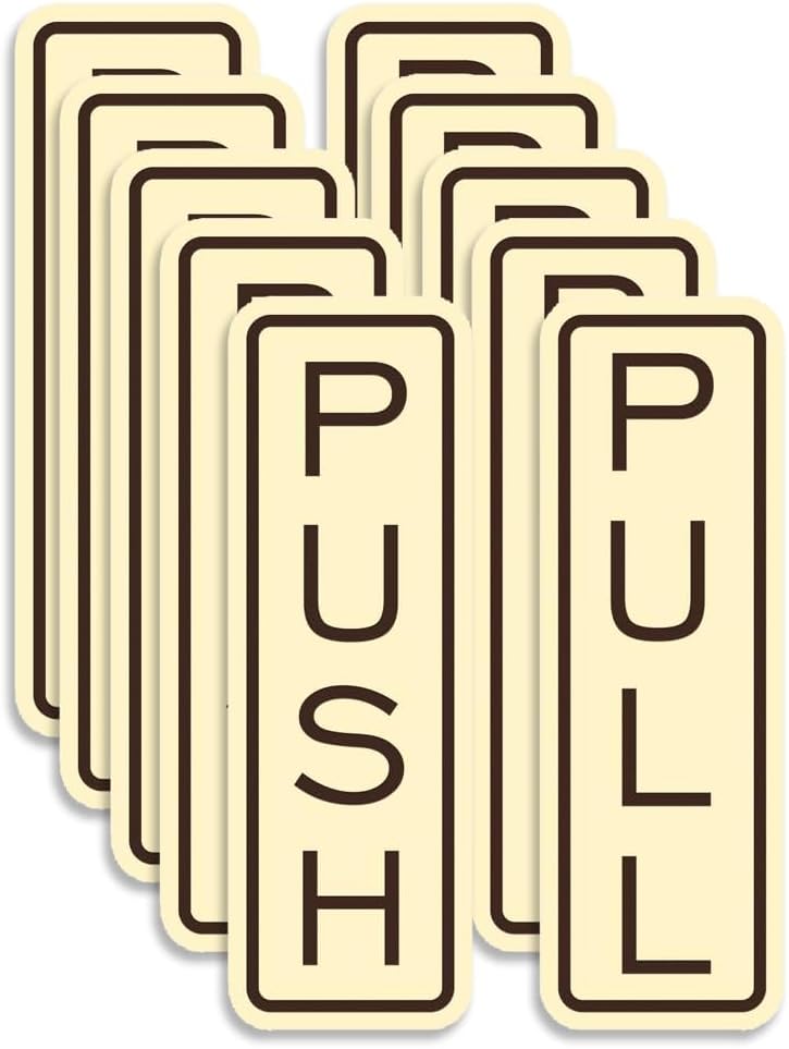 All Quality Classic Vertical Push Pull Door Signs - Great for Glass Doors | Professional Looking Signs | Easy Installation Includes Double-Sided Foam Adhesive Tape (Ivory/Brown) - Large (5 Pack)