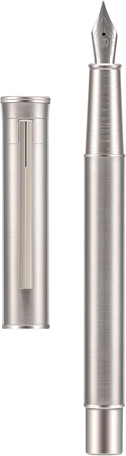 Hongdian 1861 Stainless Steel Fountain Pen Fine Nib, Classic Design Smooth Writing Pen with Converter and Metal Pen Case Set