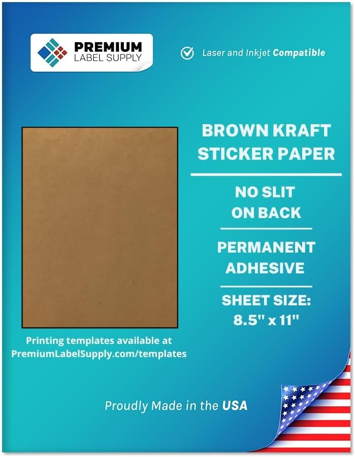 Premium Label Supply Brown Kraft Sticker Paper – 8.5" x 11" Full Sheet Labels – Laser/Inkjet Compatible – 25 Sheets