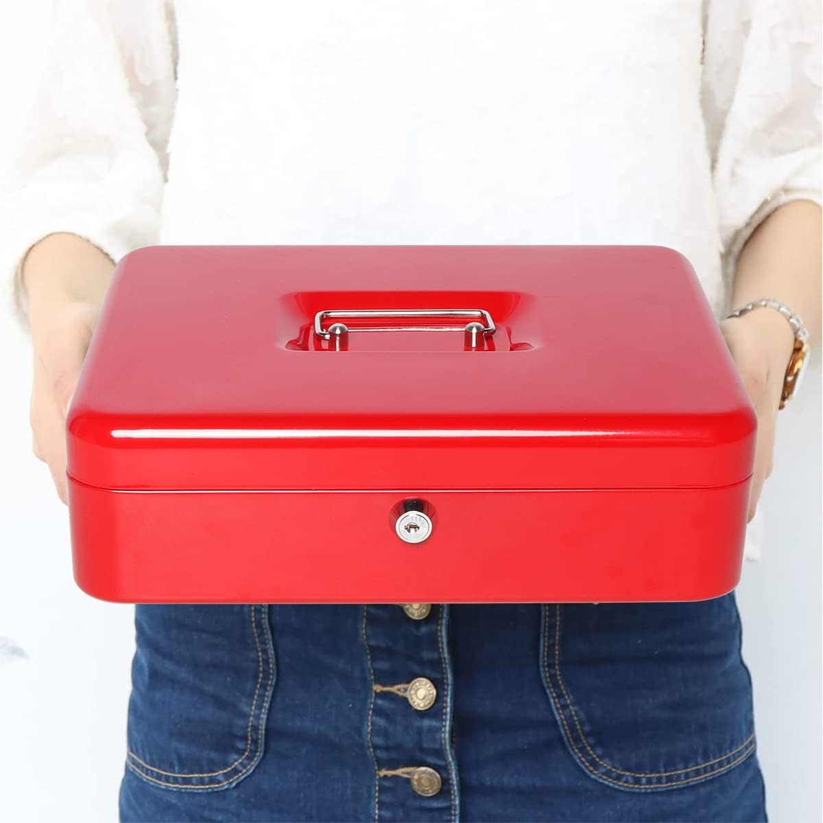 Jssmst Cash Box with Money Tray and Lock -Red Cash Box with Key Lock Safe Money Box Large, Locking Cash Register Drawer Box for Money, 11.8'' x 9.5'' x 3.5'', SM-CB005RED