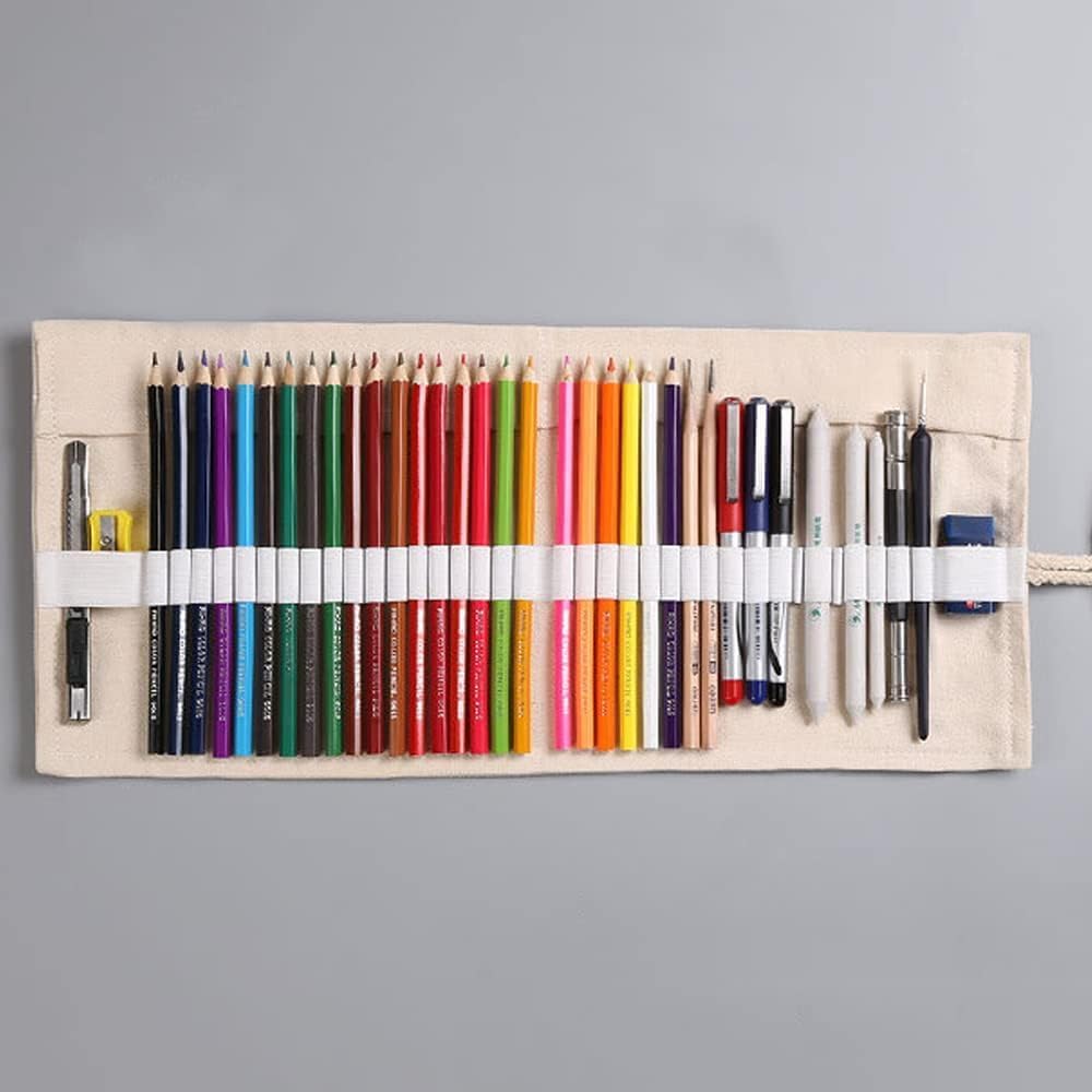 DIYOMR 12/24/36/72 Slots Pencil Wrap Pencil Rolls, Artist Colored Pencil Roll Up Bag Short Brush Pouch Case Pencils Organizer for Drawing Coloring and Sketching, No Pencils (White, 12slots)